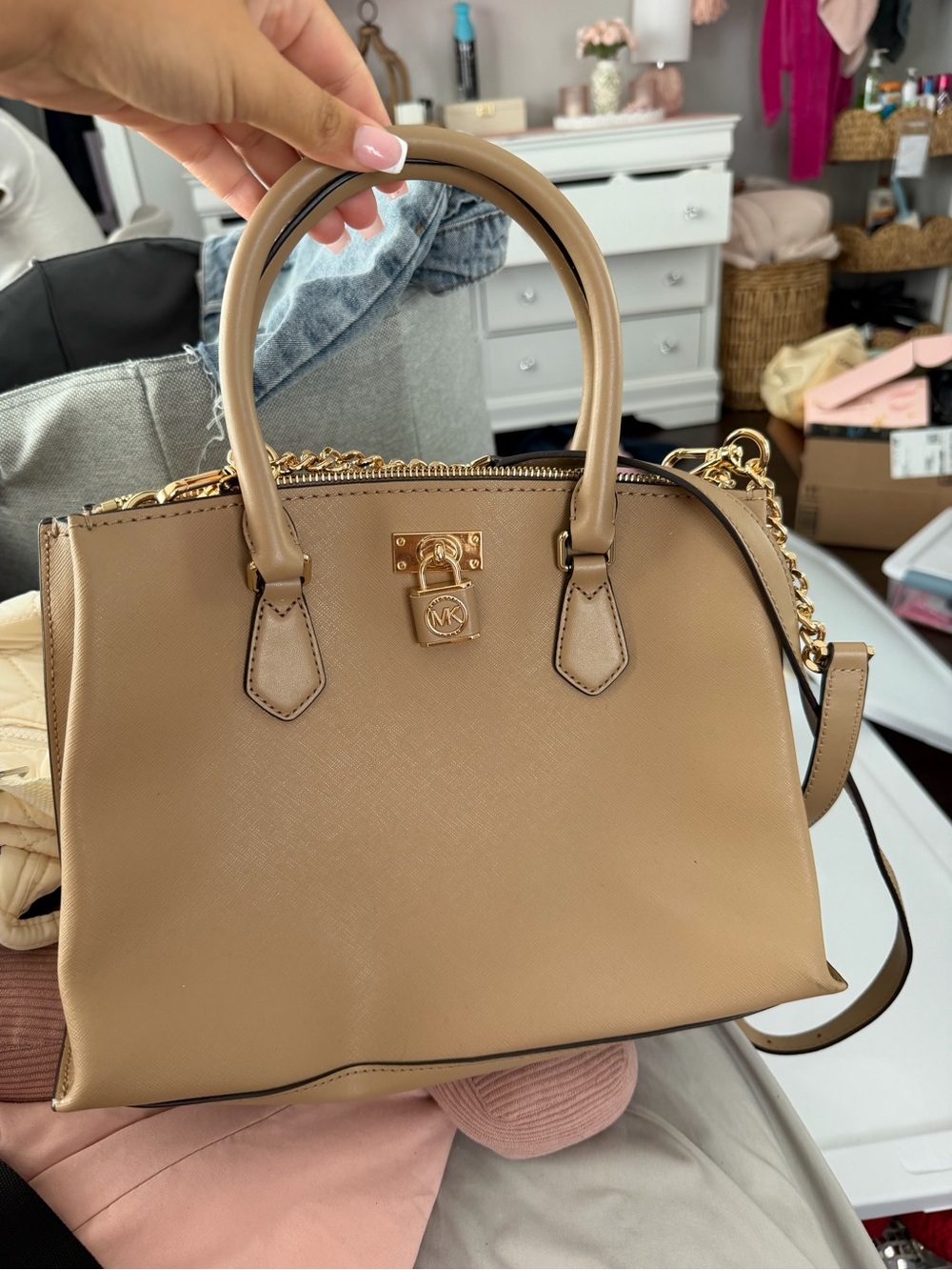 Michael Kors Taupe Saffiano Leather Satchel with Gold Hardware